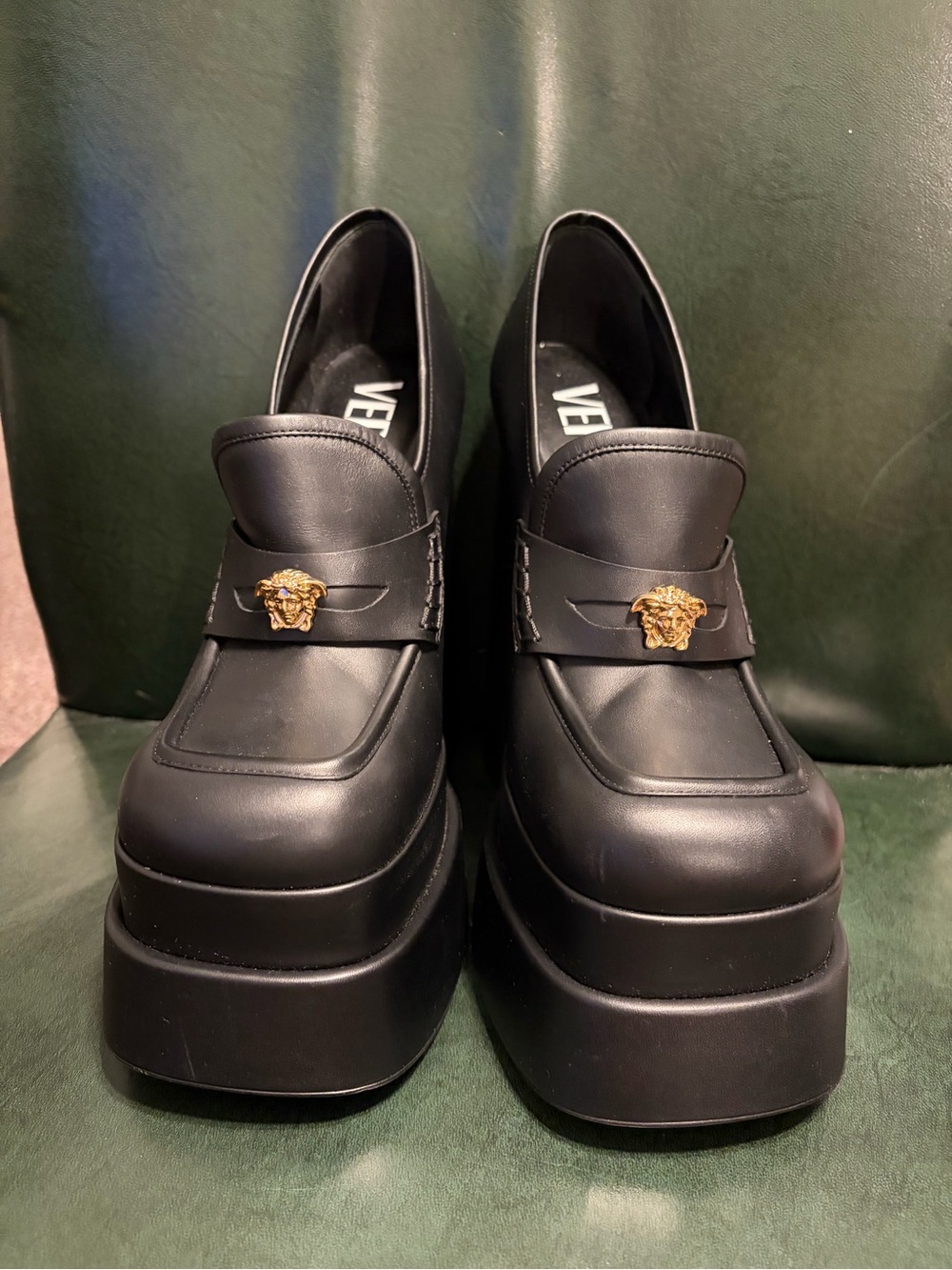 Versace Black Platform Loafers with Gold Medusa Accent
